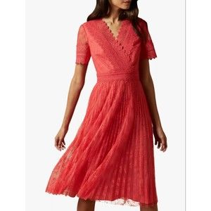 NEW Ted Baker Sonyyia Lace Pleated Midi Dress in Coral Orange
